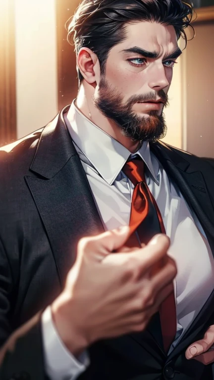 (    best quality,4K,8k,     highres,    masterpiece :1.2),    ultra-detailed    ,(Realistic,photoRealistic,photo-Realistic:1.37),36-year-old man,3 day beard,Beautiful anime,Portraits,strong,masculine,      with black hair  ,sharp jaw,         mesmerizing ...