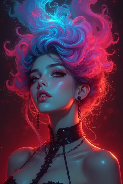 Close up shot of a woman with colorful hair,  de su cabello brota humo negro, Anime Girl with smoke Hair ,  rossdraws, Gouvez art style , dark fantasy art style , colorful],  vibrant fantasy style , dibujos animados de rossdraws llenos de vitalidad, guweiz...