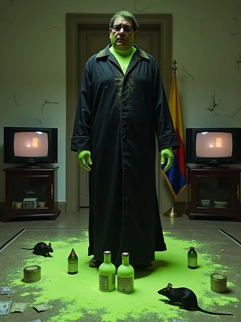 Real image of the President of Colombia Gustavo Petro,  measures 1.70, Weighs 60 kilos ,, dressed in a black robe that covers up to his head, his head is looking down,  his hands are smeared with fluorescent green jam and he is located in a large room of t...