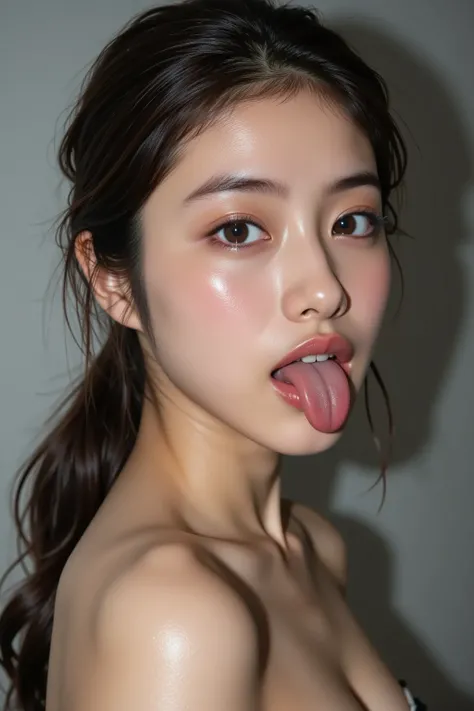 1woman, Mouth open wide, tongue out on the bed at night, (((full body photo of a Japanese sexy and beautiful woman with Shoulder knit with tongue out.))), ((Intense Orgasms)), Turn your face upwards, Focus on the mouth , Focus clearly on your mouth, red gr...