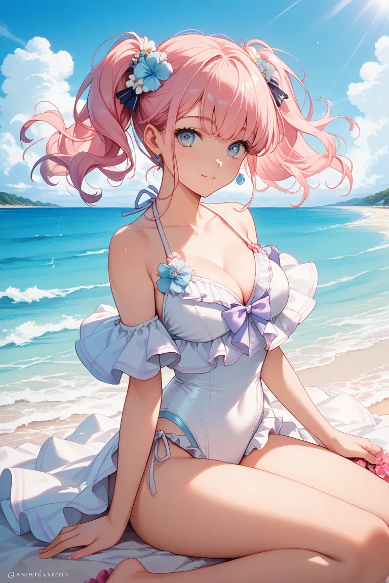 anime painting　swimsuit　Beautiful Girl　pink hair