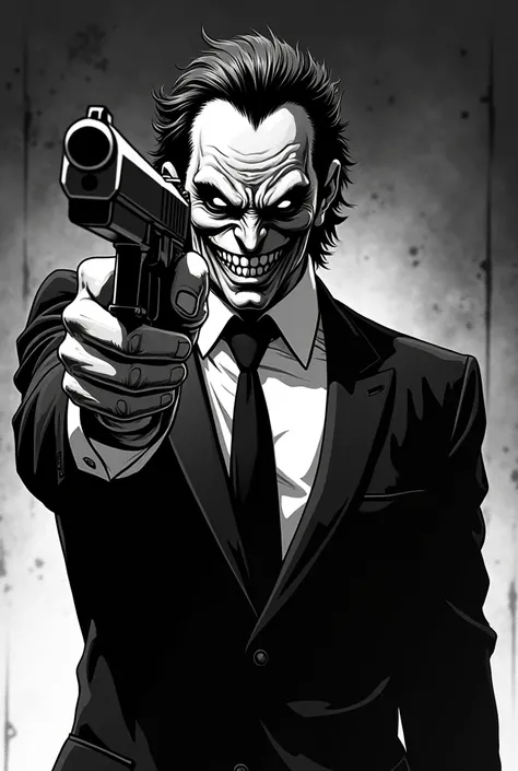 Mafia man with the face of an evil monster dressed in a suit pointing a gun in the forehead, Manga style, black and white, comic style, Junji Ito's manga style, uncomfortable and disturbing, high contrast black and white with lots of shadows, retro anime, ...