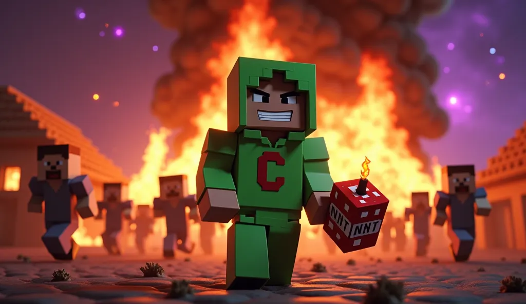 Create a vibrant and cinematic Minecraft-style thumbnail with a high-energy, storytelling composition. The central focus is a Minecraft character wearing a bright green hoodie with a "C" on the chest, standing in the foreground with a mysterious, sly smile...