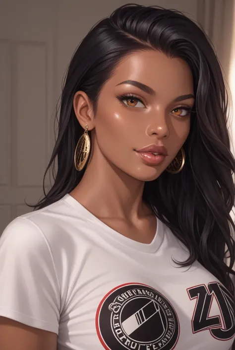 A chocolate girl, with long black hair, with huge boobs, in white unbuttoned t shirt and lips apart in a seductive way