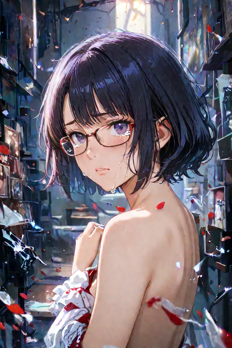 Girl, short hair, glasses, cry, desperationn, tits out, nude, school uniform skirt, hardcore, vagina, anal penetration, color, losing virginity