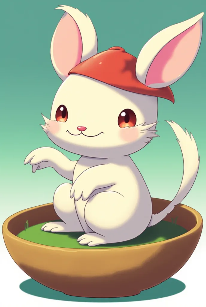 cartoon of a white rabbit sitting in a bowl wearing a red hat, pokemon illustration,  inspired by master Kanbun ,  cute pokemon style , cute mouse pokemon , New Pokemon, Mysterious Pokémon, , Mascot Illustration, pokemon anime style, Japanese mascot, Art b...