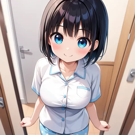 (masterpiece, best quality:1.4), (8k, ultra-detailed, anime style:1.2), cute young sister,, big eyes, small nose, detailed hair, big breasts, bright background, (anime:1.3), , cute female ,medium breasts, pajamas, bedroom:1.4),(adult, ultra cute kawaii:1.6...