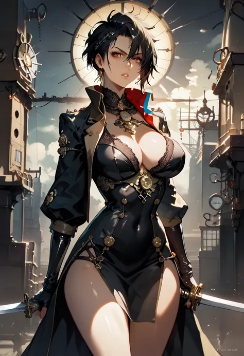 score_9, score_8_up, score_7_up,,very large neckline,,Yoji Shinkawa art style,,darkest dungeon style art, dark souls style art,,epic atmosphere, saturate colors,a woman perfect proportions sexy curvy,big cleavage,thinghs,, black hair, steampunk with a with...