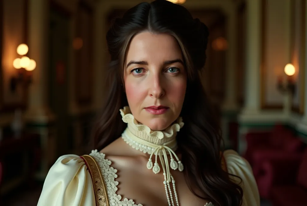 close up cinematic photograph of a beautiful brunette woman, green eyes, long hair, wearing black Victorian era clothing, standing in front of a Victorian mansion hall with period furniture