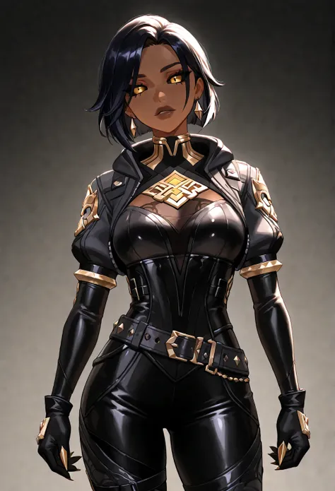 Black skinned Woman with black straight hair, with gold eyes with black sclera, with full gloves with sharp fingernails, in Fortnite lynx’s clothes, genshin impact style 