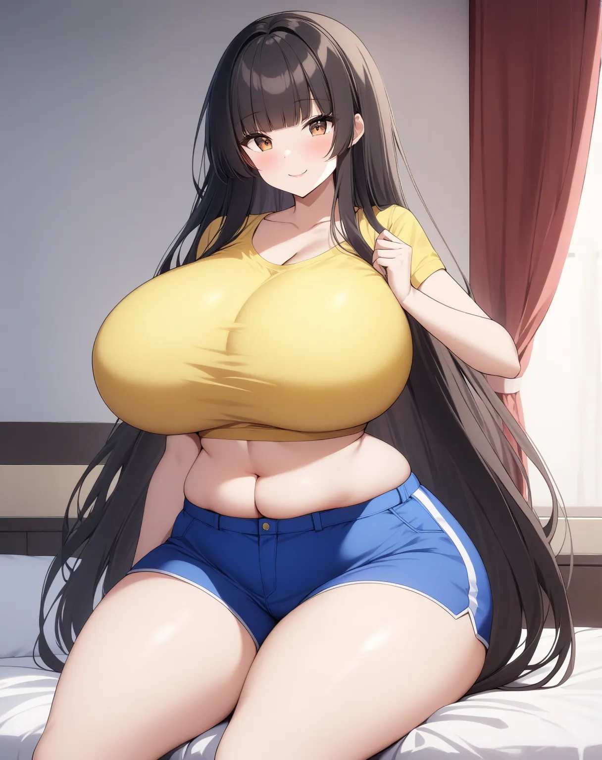 score_9, score_8_up, score_7_up, source_anime, 1girl, huge breasts, large breasts, fat, overweight curvy, voluptuous, black hair (straight blunt bangs), brown eyes, very long hair, yellow crop top, blue short shorts, smile, standing, room, indoors, sitting...