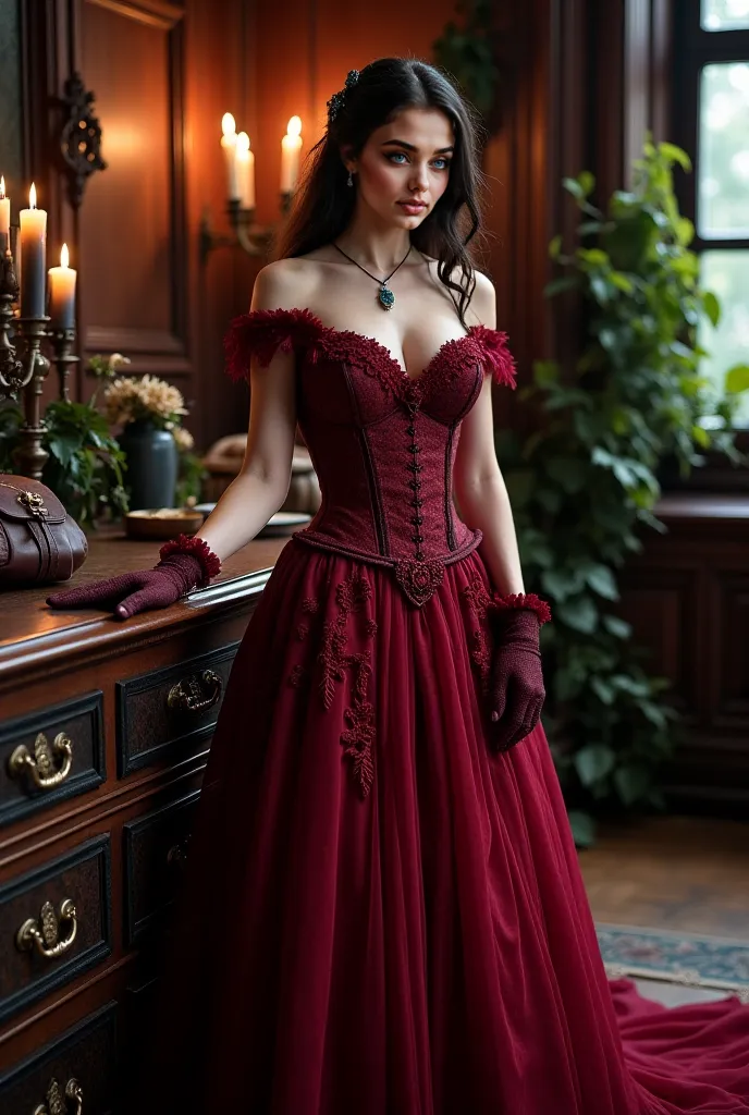 A breathtaking woman with piercing blue eyes, very big breasts, luminous fair skin, and long, flowing dark hair stands in a majestic Gothic French mansion, surrounded by dark wood paneling, ornate carvings, vintage leather bags, and creeping ivy. She wears...