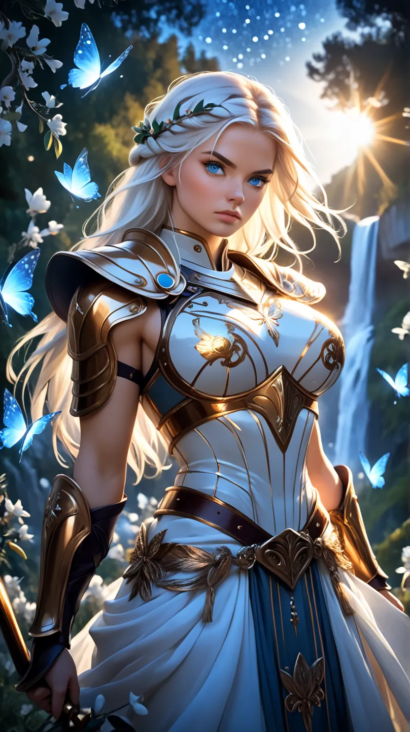 A young Norwegian warrior woman of tall, imposing stature, wearing shining bronze armor that highlights her strong, feminine muscles. Her face is of rare beauty, with elegant features and an expression of determination and strength.
Her skin is extremely m...