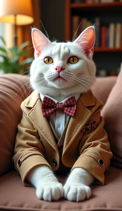 image rich in detail and ultra realistic quality of a white cat wearing clothes,  in the living room, color of the image is clear and sharp 