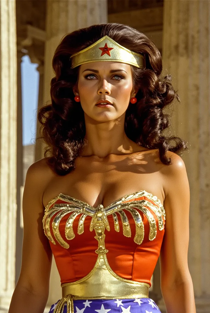 lynda carter as wonder woman in the greek temple close up