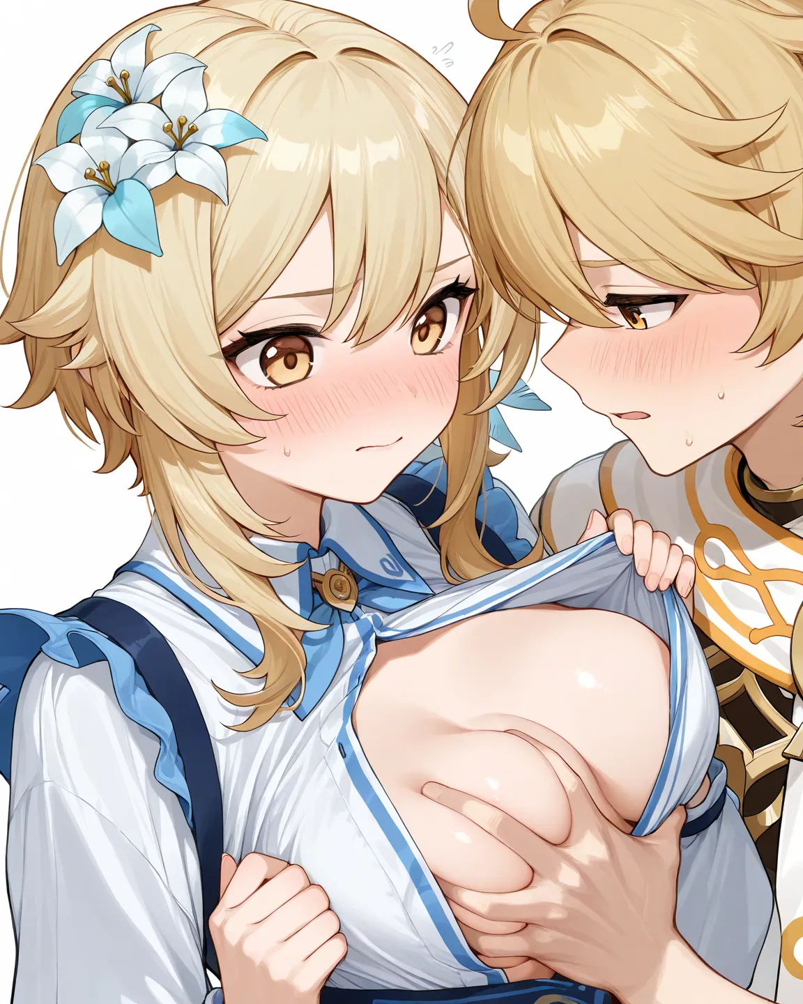 Aether blonde hair Genshin Impact groped Lumine's medium breasts embarrassed dressed in blonde hair golden eyes Genshin Impact while groping her 