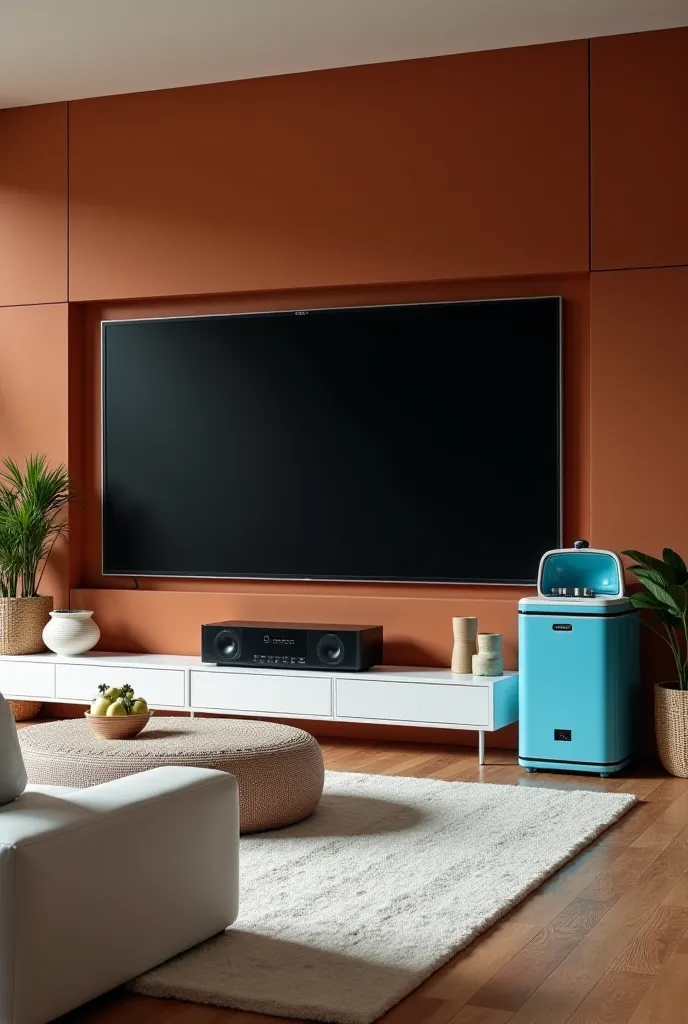 A movie theater with the white sofa, white rack and brown TV background wall. The living room must contain a retro minibar in the color blue and the Tc is 70 inches