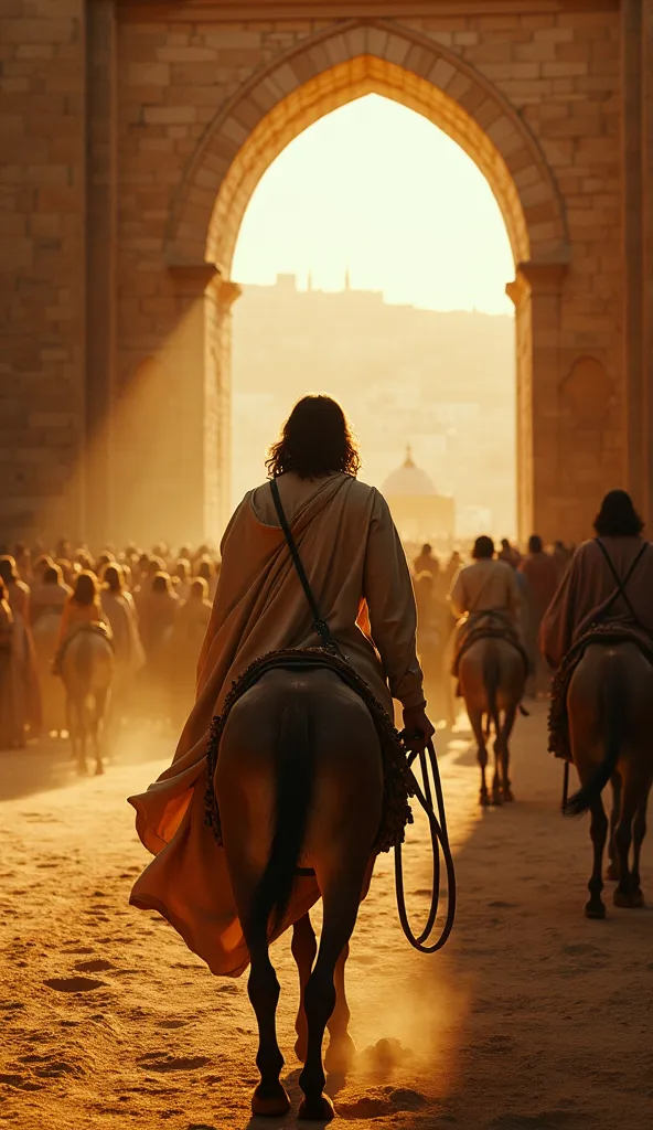 "An ultra-realistic first-person POV scene, me holding the reins of a mule with calloused and dusty hands visible, following Jesus from behind, wearing a flowing beige tunic, entering through the golden gate of Jerusalem. Light stone walls gleam under the ...