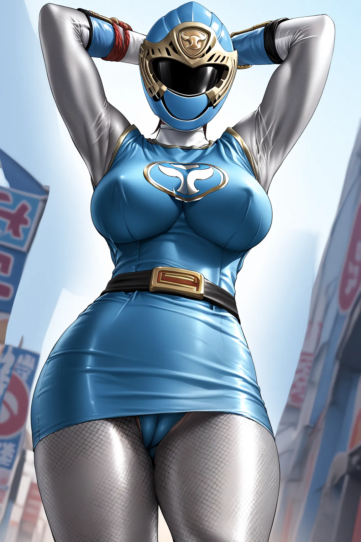 score_9, score_8_up, score_7_up, Girl's profile picture, realistic skin texture, detailed picture, HD32k, 1girl, solo,large breasts,(Full face helmet:1.2) ,super sentai, ninja, short dress, sleeveless, fishnets, Fishnet Pantyhose, fishnet armwear, skirt, b...