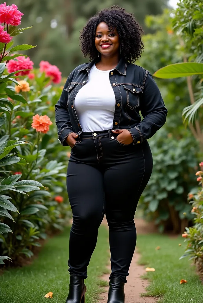 A very beautiful curveceous African lady in an unfinished black jeans,white brand tshirt,unfinished min black jacket,long boots ,in crocheted hairstyle,in a garden 