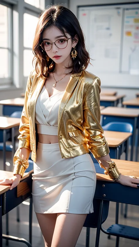   Gold, very short hair,   jewelry, earrings, masterpiece, textured skin, advanced details, Highest quality,  Adult Female,  College teachers,  nostalgic when wearing a jacket ,  dark blue suit , white blouse, tight skirt, mature woman,  Nice body ,  stand...