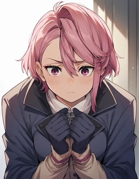 score_9, score_8_up, score_7_up, source_anime, aira shiratori, short hair, bangs, hair between eyes, pink hair, pink eyes, medium breasts, garter, 
to feel cold, 
coat, 
glove, be shy, 