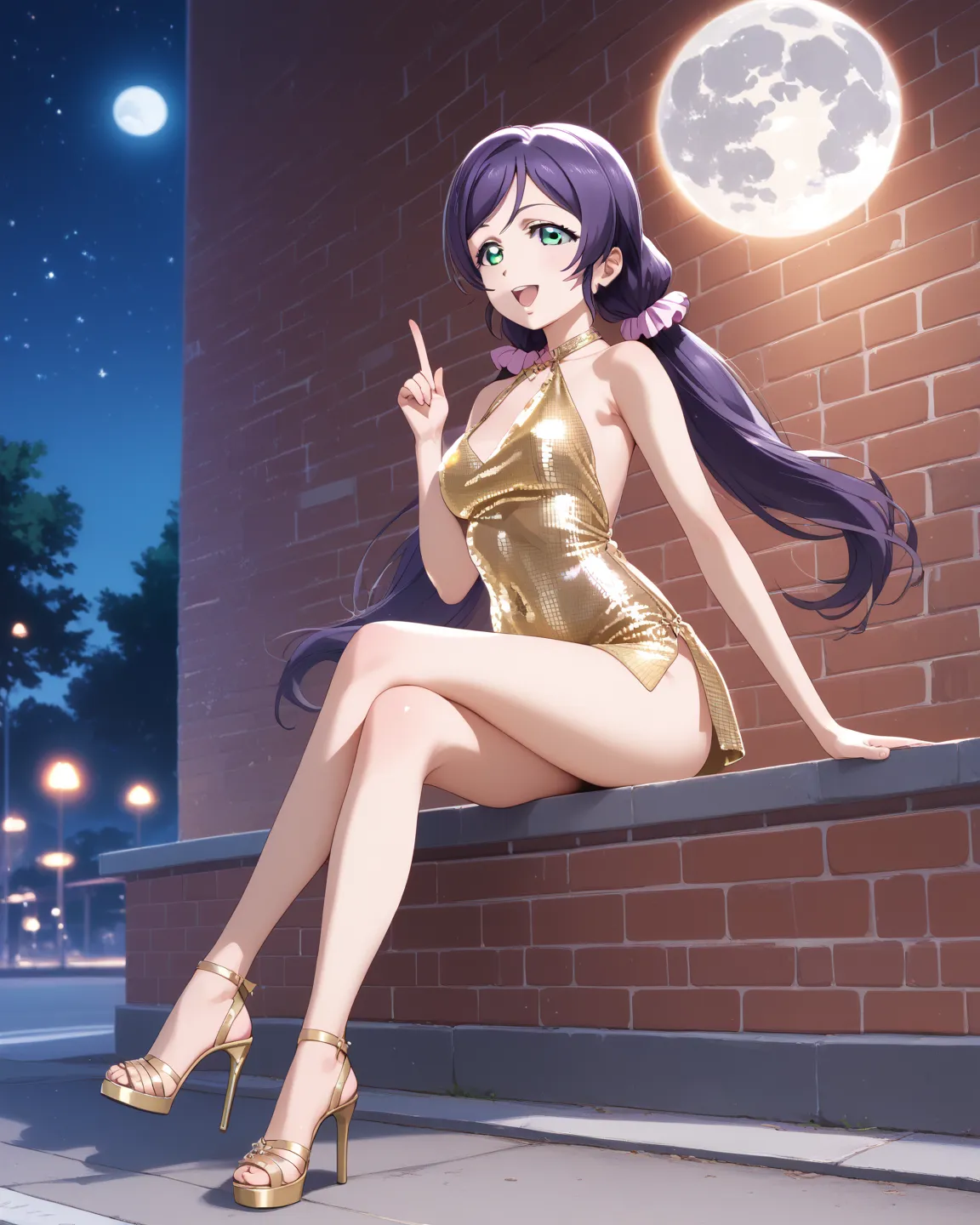 score_9, score_8_up, score_7_up, score_6_up, source_anime, anime, solo,nozomi toujou, green eyes, purple hair, twintails, low twintails, scrunchie, long hair, disco dress, microdress, full body, high heels, outdoors, sitting on little wall, night, moon, st...