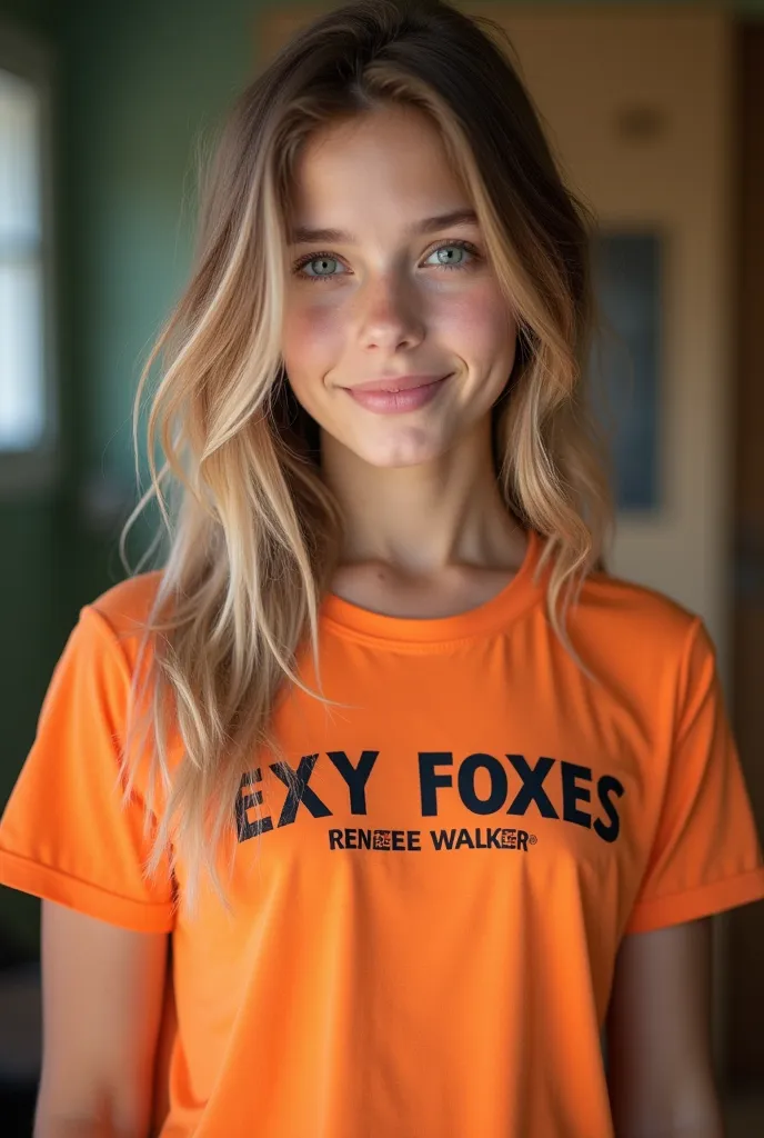 Young girl, About 20 years old , white American sporty figure pumping up. She has a neat nose, gray eyes and medium-length lips. Her hair is light brown (Blonde) with pronounced pastel multicolored tips, clavicle-length . She wears an orange jersey t-shirt...