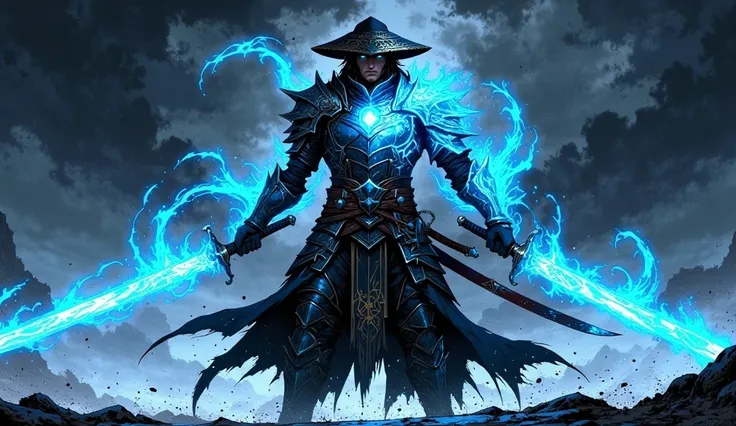 CREATE A MASCULINE SAMURAI, but his body is made of a blue flame, He has a BLACK AND GOLD ARMOR, with a katana in each hand, He has a samurai hat, He's in a pose ready for a battle