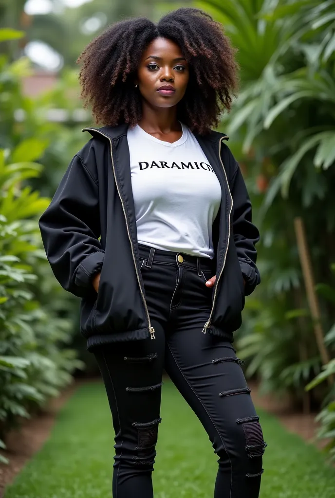 A very beautiful  classy curveceous African lady in an unfinished black jeans,white brand tshirt,unfinished min black jacket,long boots ,in crocheted hairstyle,in a garden 