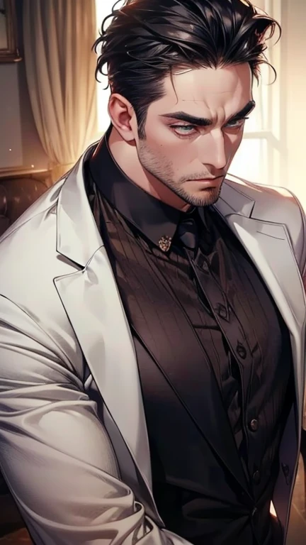 (    best quality,4K,8k,     highres,    masterpiece :1.2),    ultra-detailed    ,(Realistic,photoRealistic,photo-Realistic:1.37),36-year-old man,3 day beard,Beautiful anime,Portraits,strong,masculine,      with black hair  ,sharp jaw,         mesmerizing ...