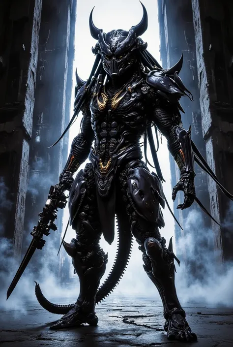 "Create a illustration of the Predator from the 1987 film. The design should focus on the iconic features of the creature, such as its distinctive mask, elongated head, and mandibles. The background should be minimal to emphasize the silhouette of the Pred...