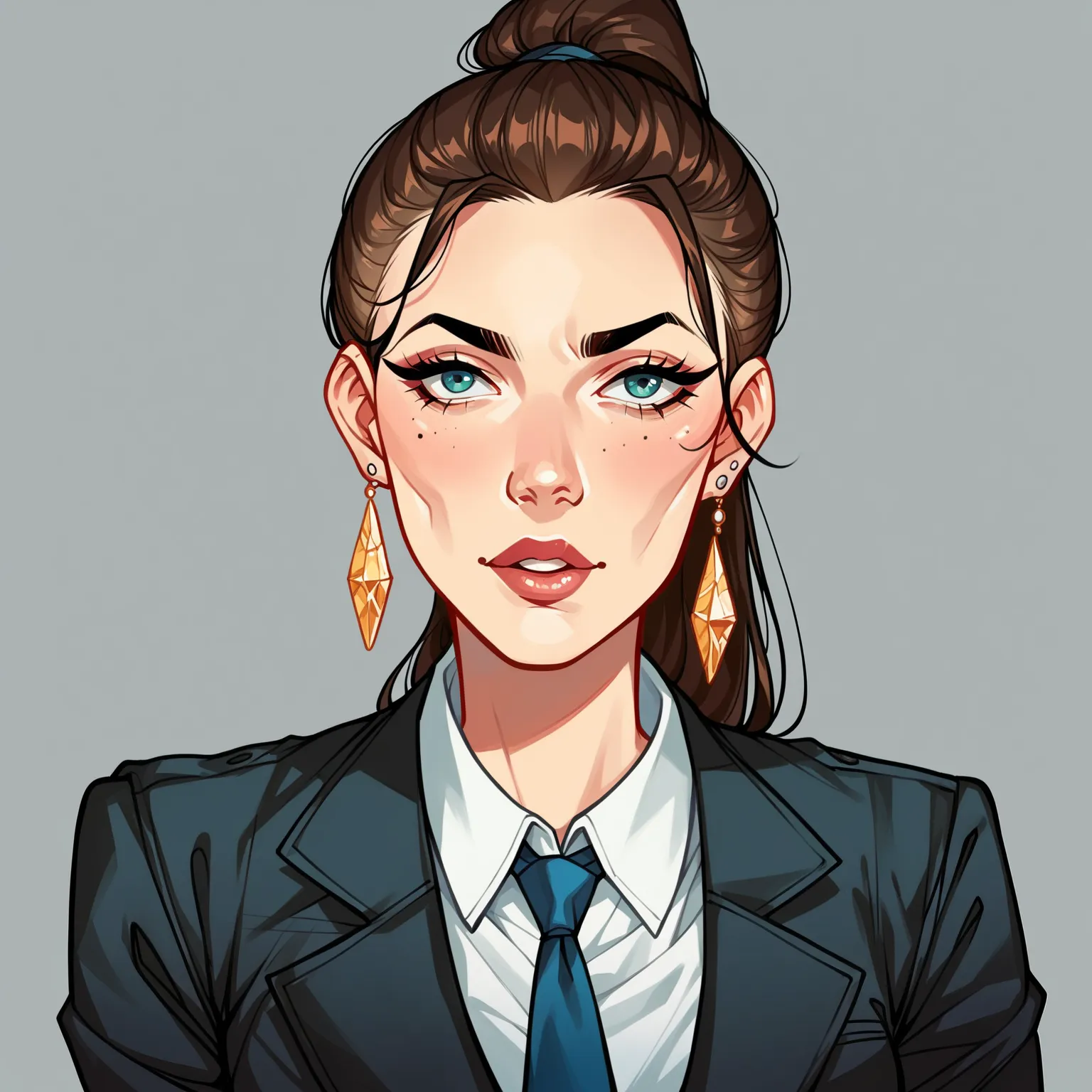 score_9, score_8_up, score_7_up, score_6_up, score_5_up, score_4_up, woman, light makeup, high ponytail,High quality passport photo of a woman wearing a suit and tie looking directly at the camera with her mouth closed and a neutral expression. She is also...