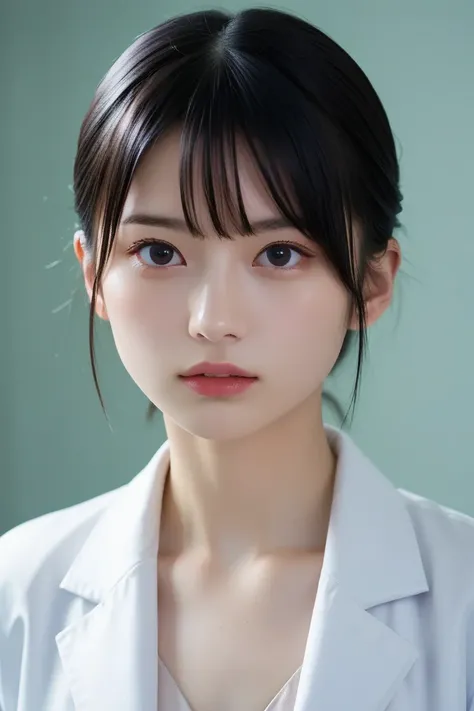 short hair, flat chest, shiny skin, black hair, black eyes, bangs, RAW photo, best quality, masterpiece, realistic, indoors, 
BLEAK,
woman doctor, 1girl, lab coat, standing, (full body shot:1.2)