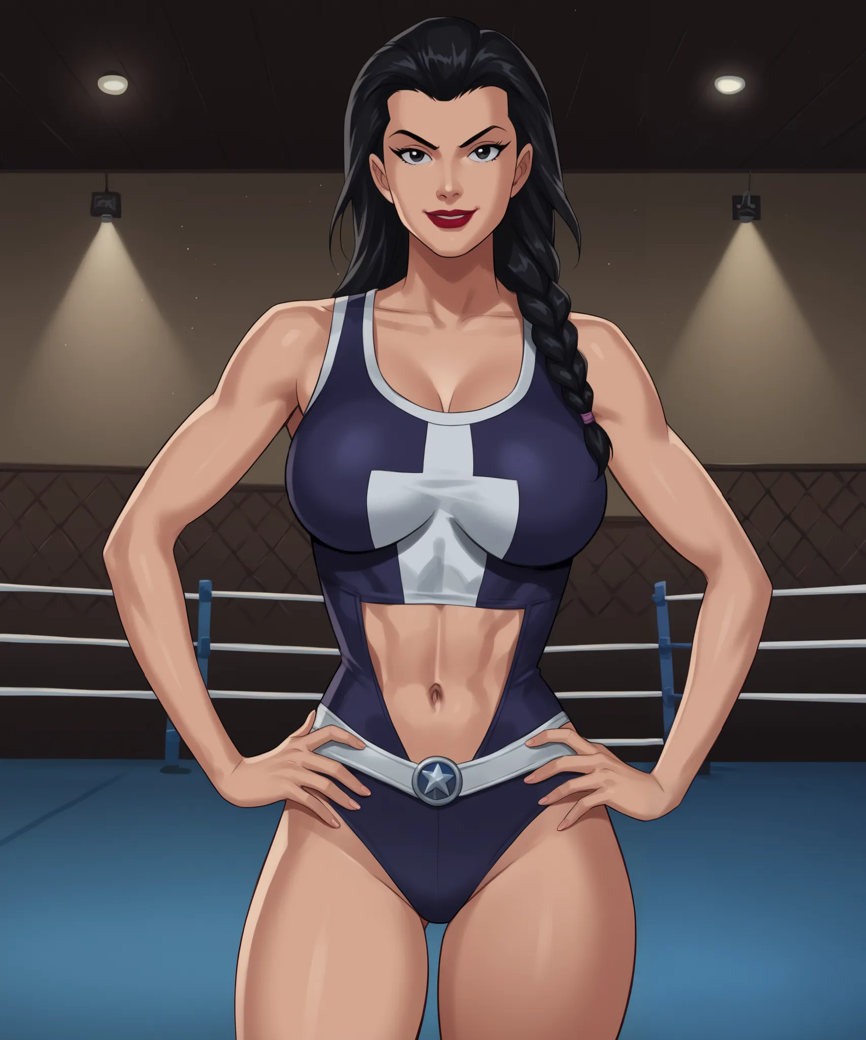 safe_pos, PonyXLV6_Scores BREAK (((retro artstyle, parody, animification)), perfect anatomy, cowboy shot) helena bertinelli,  dutch braids, black hair, black eyes, bright red lipstick, ((looking at viewer)), purple wrestling singlet, superhero, curvy, athl...