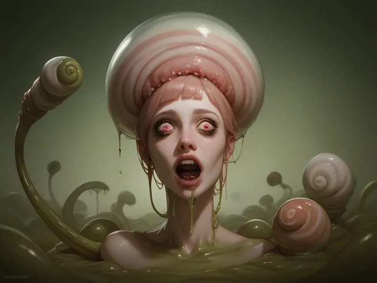 woman transforming into snail. slime, transforming limbs, fear