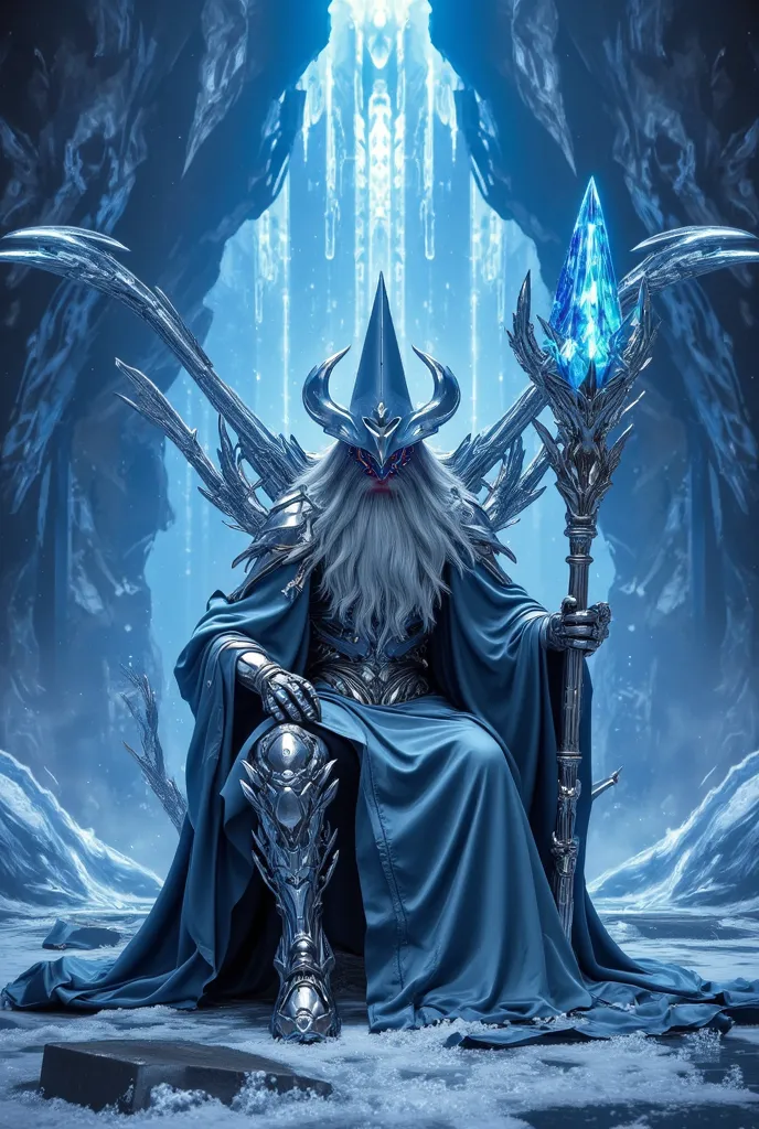    fantasy 　  Wizard Gandalf combines Cain and Golbeza from Dragon Knight and has a cool handsome face　Strong ice magic 、 with a blue crystal and metal wand   　   I'm sitting on the throne in the ice room in a mysterious and beautiful ice tower ,  手からStron...