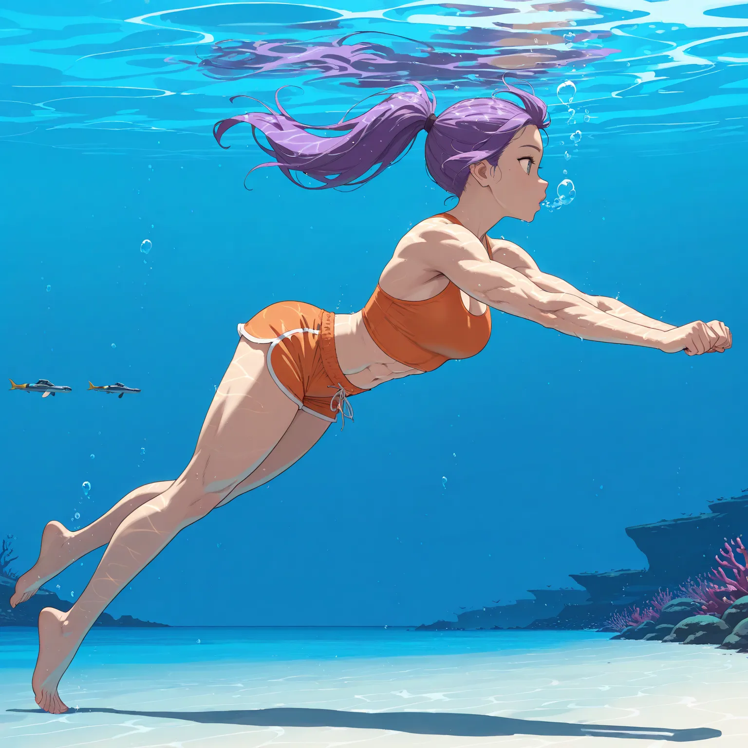 High resolution, Super detailed, Best Quality, masterpiece, 8K, 4K, beautiful background, the best aesthetics, (flat color:0.6), 1girl, a little muscular, athletic build, swimming underwater, training, purple ponytail, orange tank top bra, orange shorts, o...