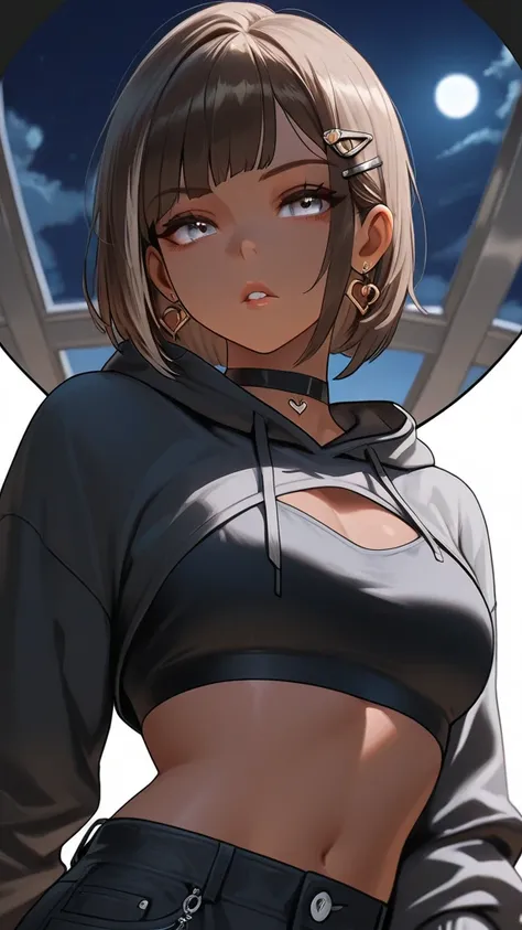 1Girl, Mature, Ebony, African American, Dark Skin, Jet Black Short With Brown Highlights, Bob-Cut, Silver Grey Eyes, Medium Chest, Black Halter Crop-Top, Black Cropped High-Cut Hoodie, Black Ripped Jeans, Jewelry, Heart Earrings, Black Hair Clips, Black Ch...