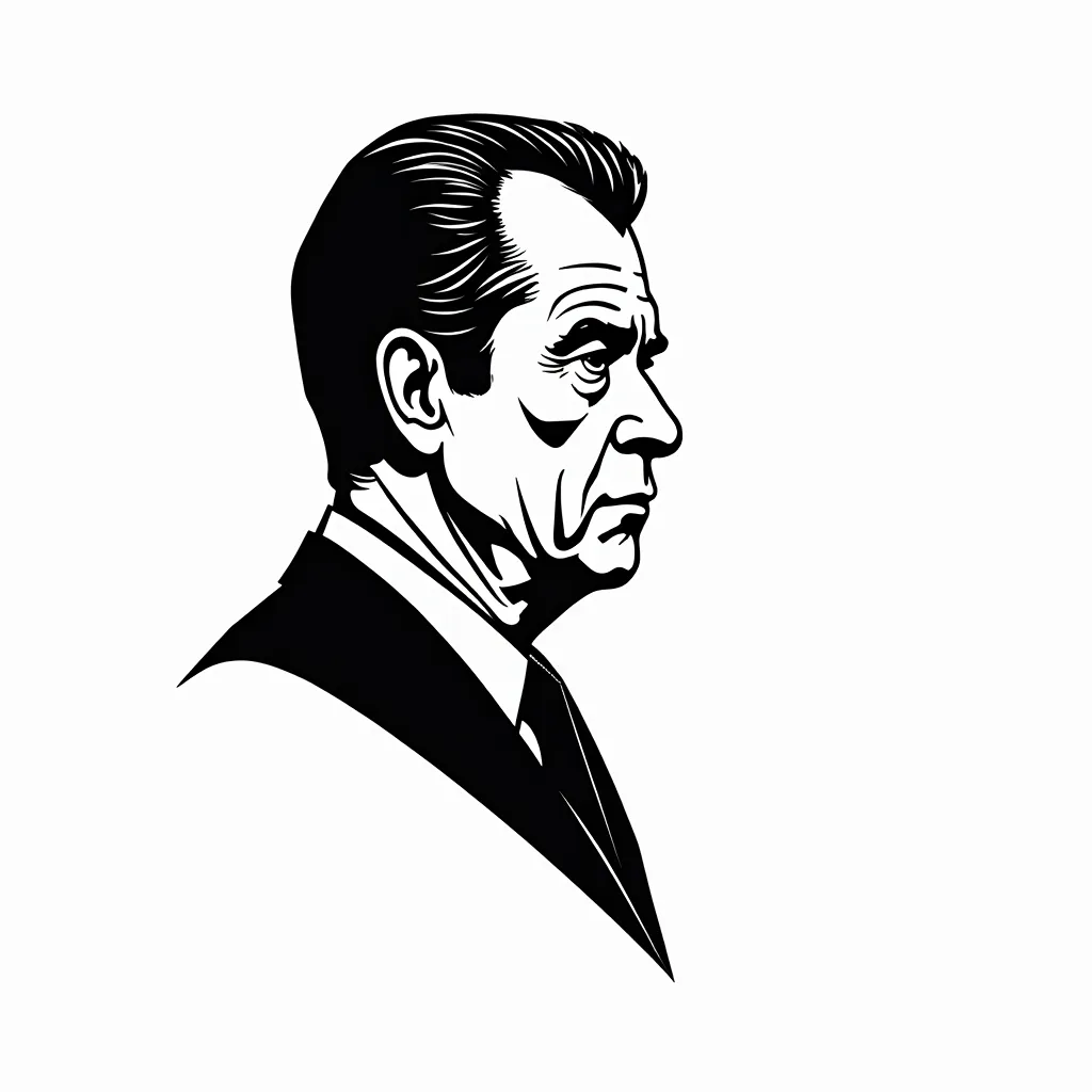 Highly stylized black and white, profile view sketch of richard nixin. Straight black lines on white background. Abstract. Line art.