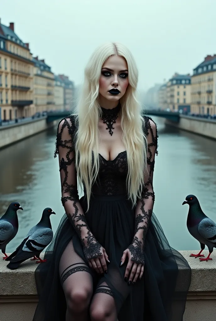 "A gothic ethereal woman with long, platinum blonde hair, dark dramatic eye makeup, and black lipstick, wearing a delicate lace dress with black lace stockings and gloves. She sits on an old stone balustrade near a river, surrounded by pigeons. A vintage E...