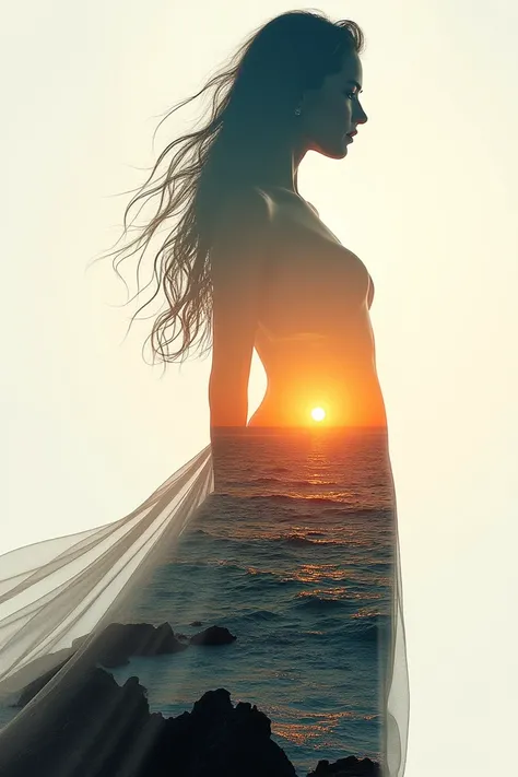 dancing,  8K Ultra HD, Uma linda double exposure que combina uma silhueta de deusa com costa ao pôr do sol, the coast at sunset should serve as a backdrop, with its details incorporated into the goddess,  sharp lines, The background is monochrome, sharp fo...