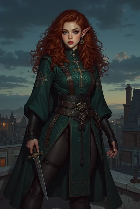 Elf woman, full and voluminous red curly hair, pointy ears, hoop earrings, rogue, holding a knife, on top of a roof, dark fantasy, role-playing game