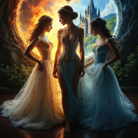 Three beautiful princesses are dressed in historical attire, Castle in the background, high fantasy, BREAK, masterpiece, best quality, the most important work, ultra detailed, high resolution, 32k, RAW photo, photorealistic, highly detailed background, ela...