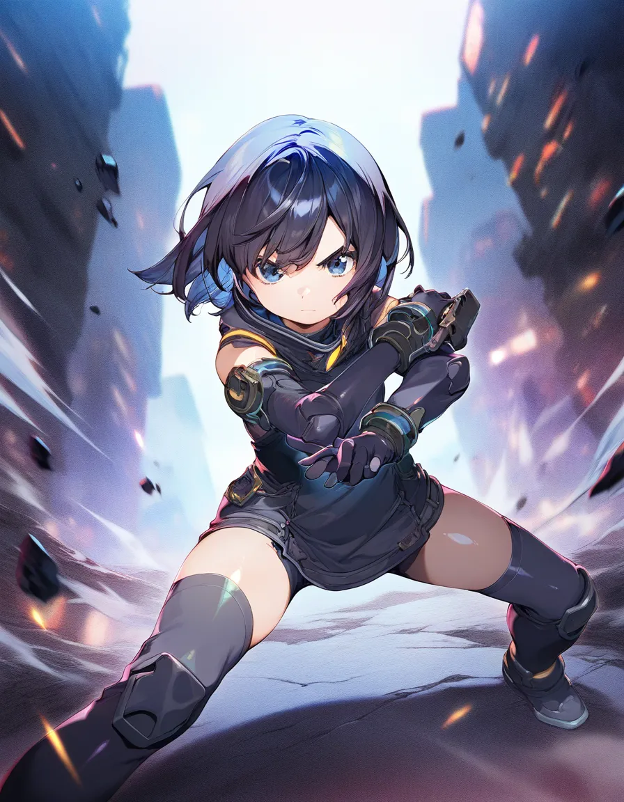 1girl,  little female, beautiful detailed eyes, wind, cyberpunk, weapon, stance, game CG, general, break,(artist:orion_(orionproject) ),artist:fujiyama,artist:onono_imoko,break,(masterpiece), (best quality), (ultra-detailed),(Detailed Lighting), very aesth...