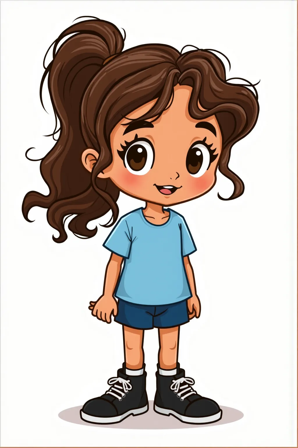 Toon art style. Use reference for face and hair. Exact copy of the face from the reference image. The exact face from the source image of a young girl in black shoes. Curly ponytail hair. Standing on a white background.