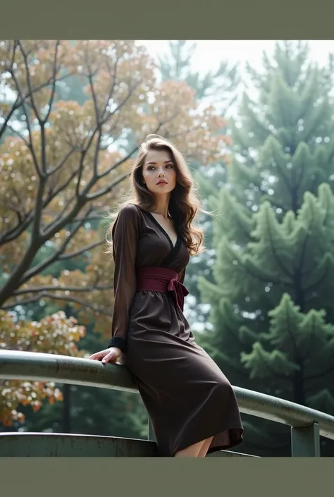  Beautiful Caucasian woman with white skin and blue eyes,   Wearing a kimono style dress   (  classic Japanese decoration   ) ,with a wide burgundy obi,    and floral lace details and a short pencil skirt,short sleeves with lace.,    gray lace distributed ...