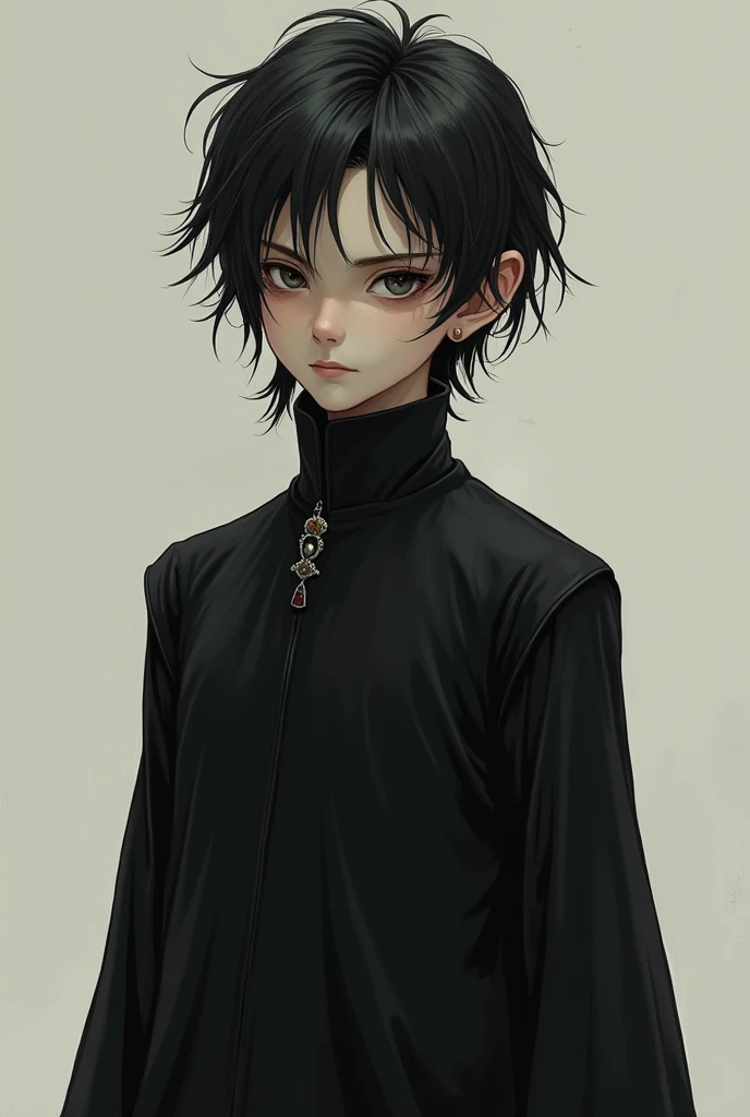 Create a pale boy, thin with rounded but angular shoulders, with a nervous posture and manner of walking similar to that of a spider her hair is greasy and black with an elegant black dress with a black tunic 