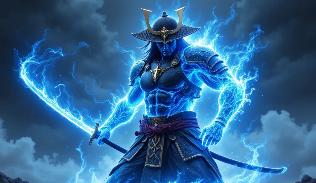 CREATE A MASCULINE SAMURAI, but his body is made of a blue flame, He has a BLACK AND GOLD ARMOR, with a katana in each hand, He has a samurai hat, He's in a pose ready for a battle