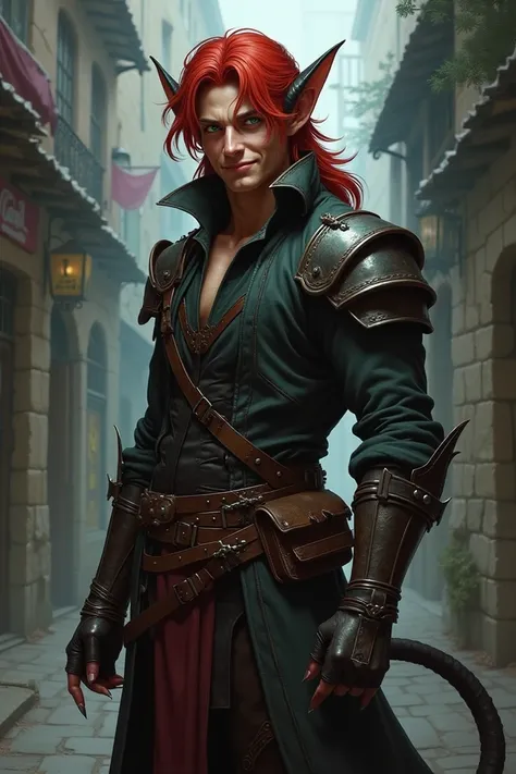 A male thiefling rouge with red, chin lenth hair and bright green eyes. He looks like he is in his twenties. He is wearing leather armour and his tail is curling upwards behind him. He is wearing a smug smile on his face and is showing his short fangs.